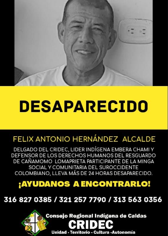 Organizaciones sociales reportan la desaparición de un minguero en Cali