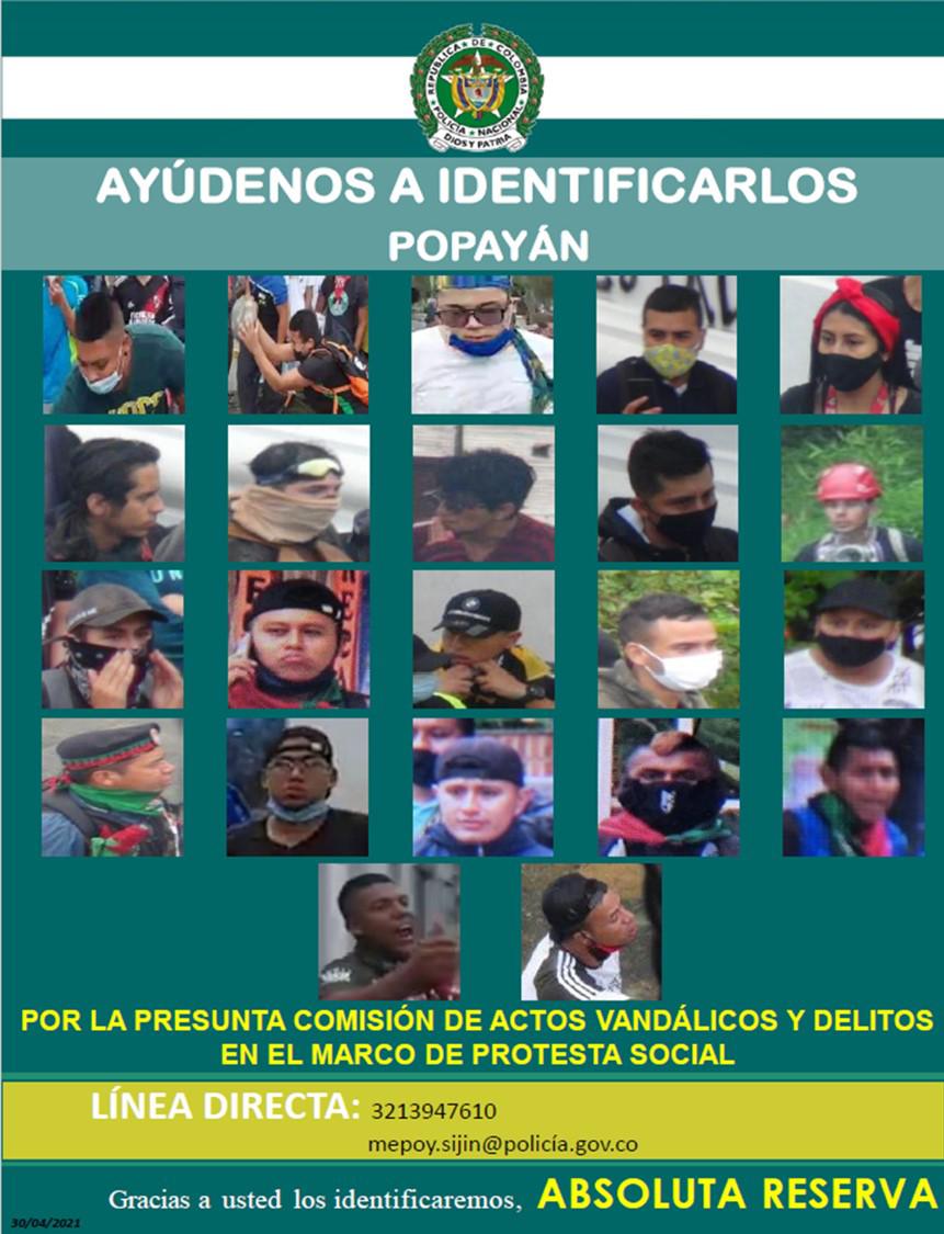 Policía reveló cartel de personas señaladas de actos vandálicos en Popayán