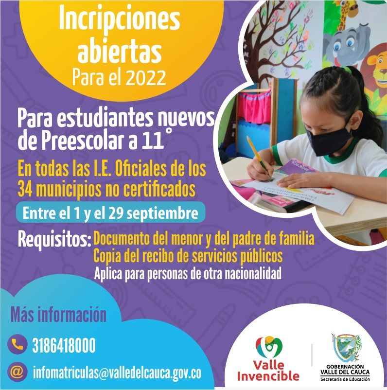 Hasta el 29 de septiembre se abren inscripciones para alumnos nuevos en instituciones educativas oficiales de los municipios no certificados