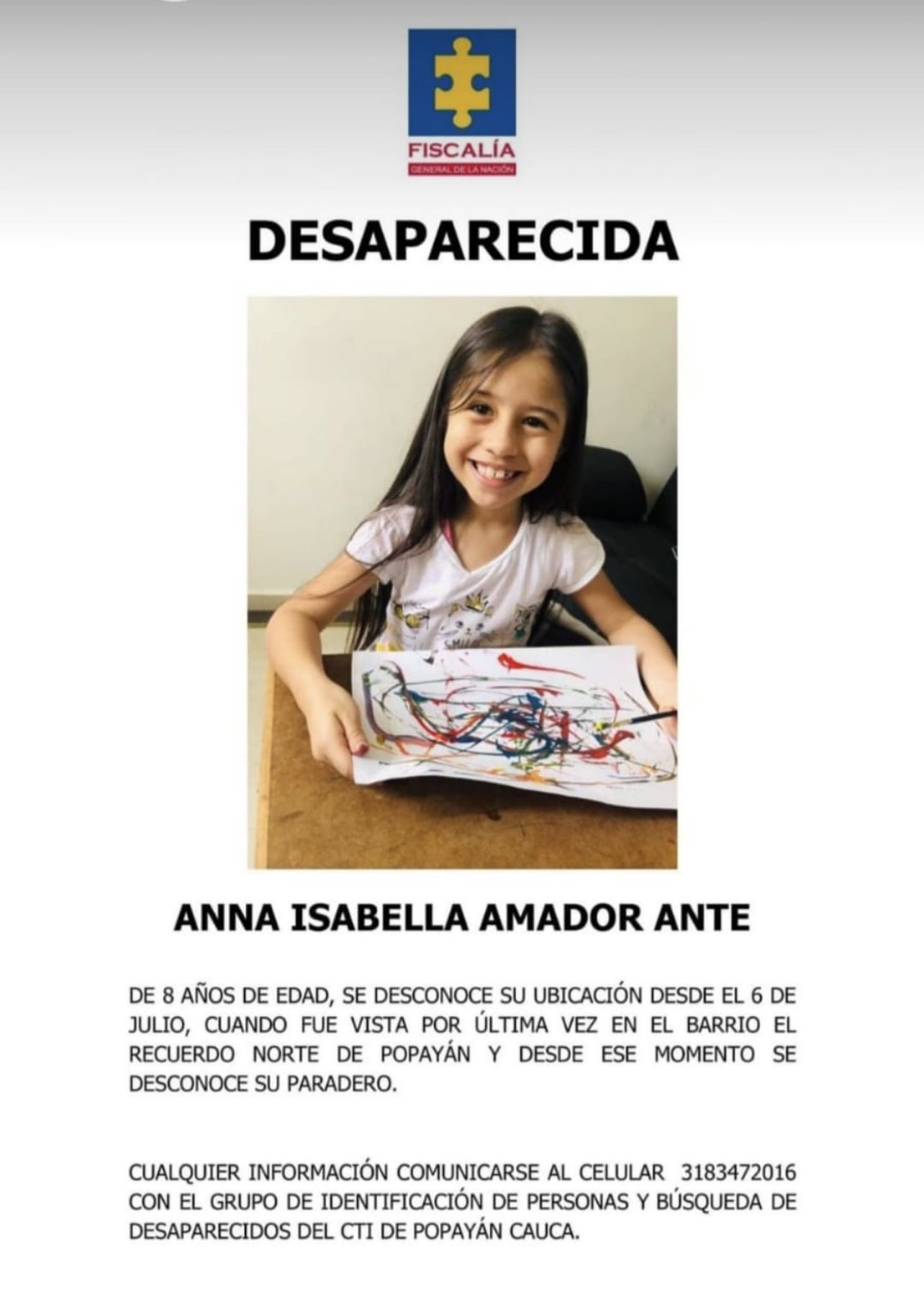 Fiscalía emite aviso de desaparecida en el caso de la niña Anna Isabella Amador Ante