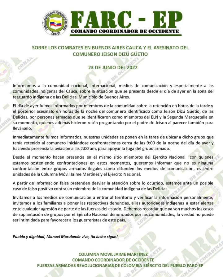 Disidencias de las Farc emitieron un comunicado sobre las acciones acontecidas en el Resguardo Las Delicias