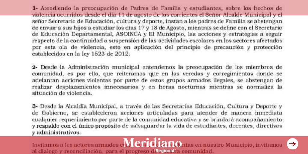 En almaguer suspenden clases por situación de orden público