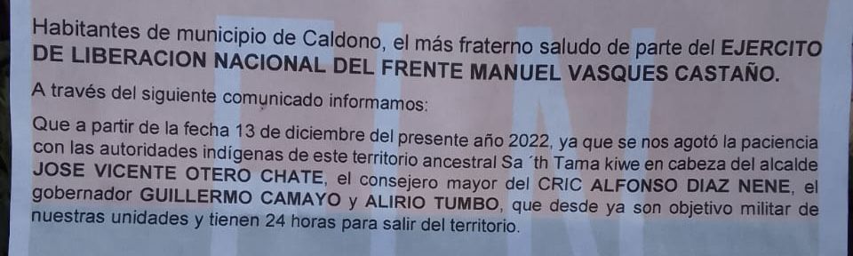 Alcalde de Caldono, amenazado por el ELN