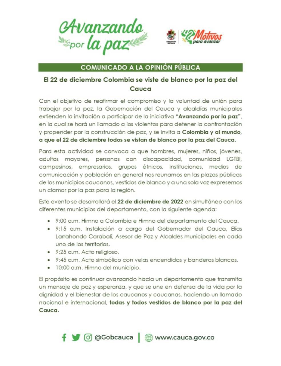 El 22 de diciembre Colombia se viste de blanco por la paz del Cauca