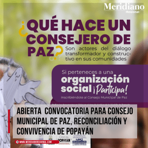 abierta la convocatoria para postularse al Consejo Municipal de Paz, Reconciliación y Convivencia de Popayán
