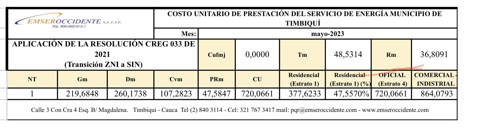 Información de La Empresa de Servicios Públicos del Occidente Colombiano S.A.