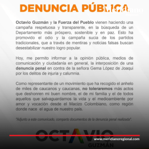 Gema López de Joaqui - candidato a la Gobernación del Cauca- Jorge Octavio - denuncia en contra de López Joaqui por injuria y calumnia -noticias Popayán