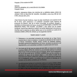 Gema López de Joaqui - candidato a la Gobernación del Cauca- Jorge Octavio - denuncia en contra de López Joaqui por injuria y calumnia -noticias Popayán