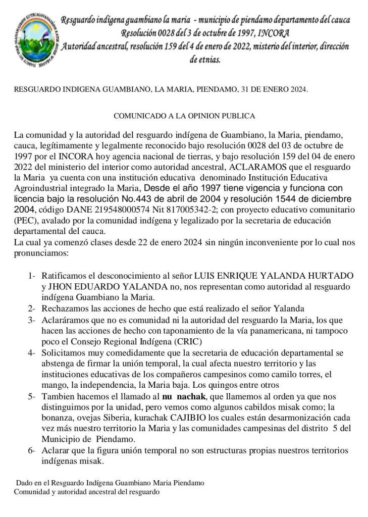 Comunicado emitido por las comunidades indígenas Misak.