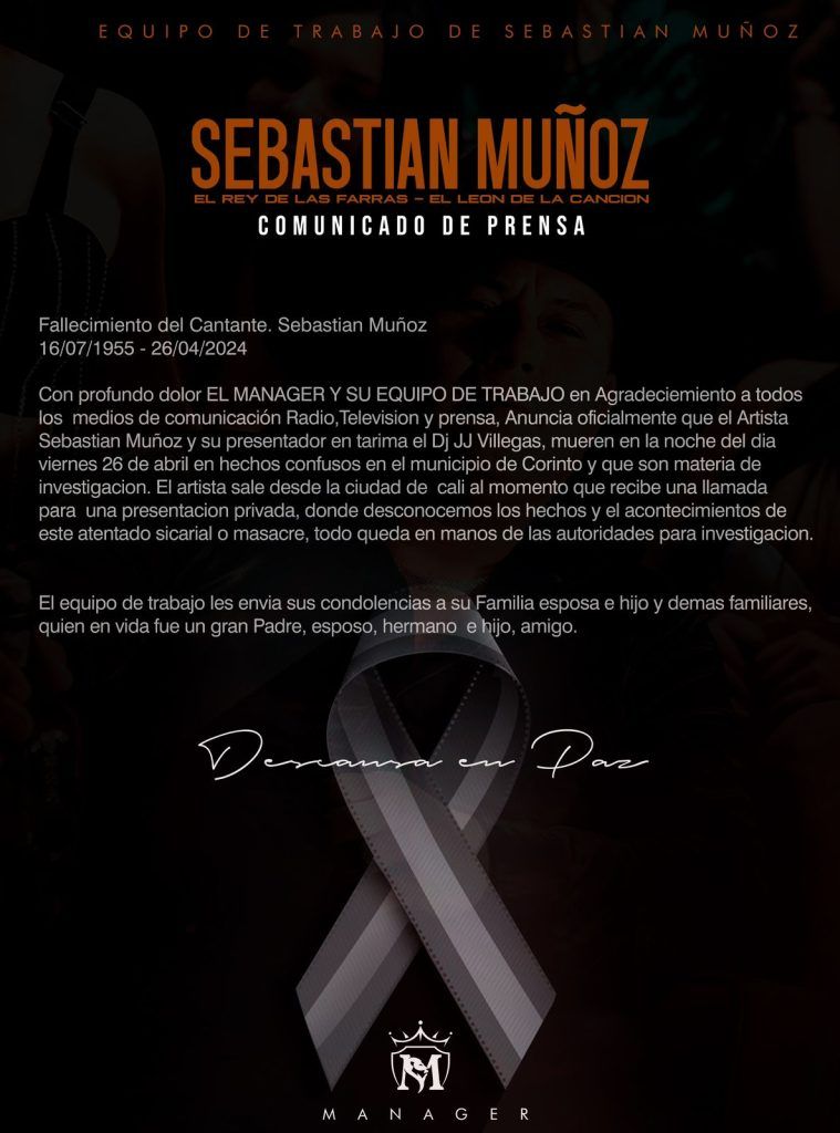 Comunicado del equipo de trabajo del artista quien confirmó el homicidio y ataque armado.