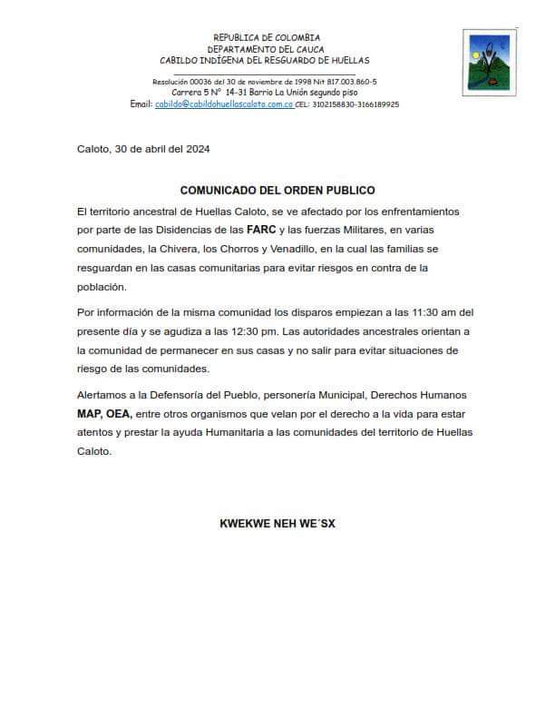 WhatsApp Image 2024-04-30 at 11.26.28 PM - Meridiano Regional Comunicado de las autoridades indígenas del norte del departamento del Cauca, en el que denuncian esta grave situación de orden público.