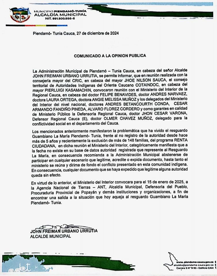 familias- afectadas- disputa política- resguardo indígena- La María- Piendamó- Cauca- Colombia- COTAINDOC- exigencias- comunidad-