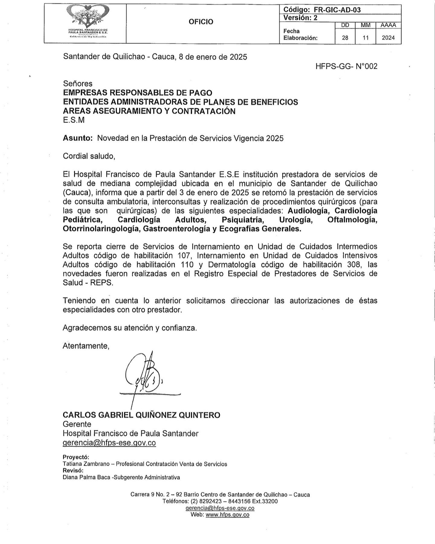 Crisis- salud- servicios- aperturas- cierres- pacientes- atención- Hospital Francisco de Paula Santander E.S.E.- Santander de Quilichao- Cauca- Colombia-