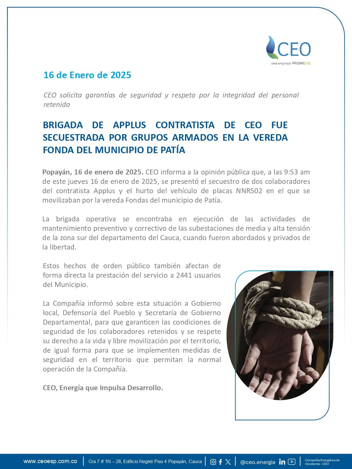 Secuestro- colaboradores- CEO- applus- reacciones- liberación- comunicado- Patía- Cauca- Colombia- - Meridiano Regional Secuestro- colaboradores- CEO- applus- reacciones- liberación- comunicado- Patía- Cauca- Colombia-