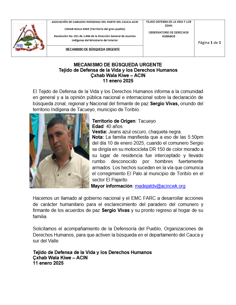Alerta máxima- secuestro- firmante de paz- Sergio Vivas- denuncia- activación de búsqueda- Tacueyó- Toribío- Cauca- Colombia- - Meridiano Regional Alerta máxima- secuestro- firmante de paz- Sergio Vivas- denuncia- activación de búsqueda- Tacueyó- Toribío- Cauca- Colombia-
