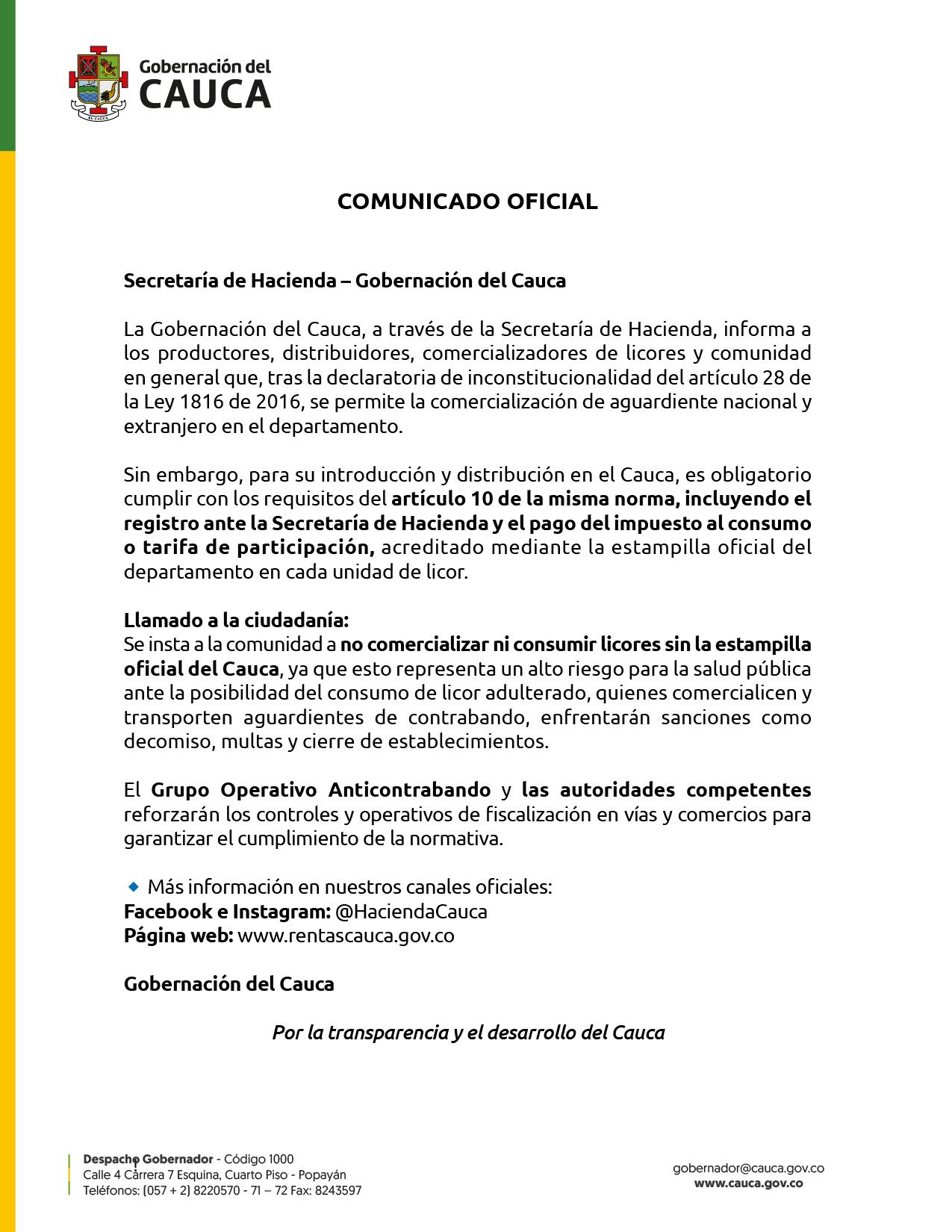 Comercialización- legal- aguardiente- licores- venta- requisitos- controles- contrabando- Gobernación del Cauca- Secretaría de Hacienda- Octavio Guzmán- Cauca- Colombia- - Meridiano Regional Comercialización- legal- aguardiente- licores- venta- requisitos- controles- contrabando- Gobernación del Cauca- Secretaría de Hacienda- Octavio Guzmán- Cauca- Colombia-