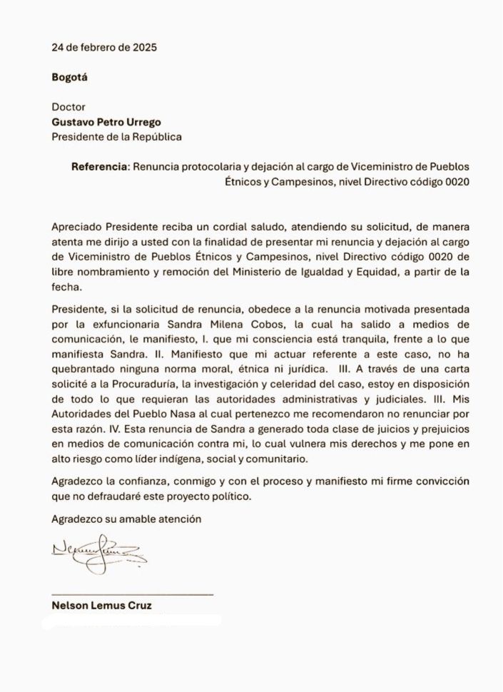 Nelson-Lemus-Cruz - renuncia - Ministerio-de-Igualdad - acoso-laboral - hostigamiento - Gustavo-Petro - denuncia - Sandra-Milena-Cobos - Fiscalía - Procuraduría - crisis-institucional - protesta-mujeres-indígenas - investigación - Meridiano Regional Nelson-Lemus-Cruz - renuncia - Ministerio-de-Igualdad - acoso-laboral - hostigamiento - Gustavo-Petro - denuncia - Sandra-Milena-Cobos - Fiscalía - Procuraduría - crisis-institucional - protesta-mujeres-indígenas - investigación