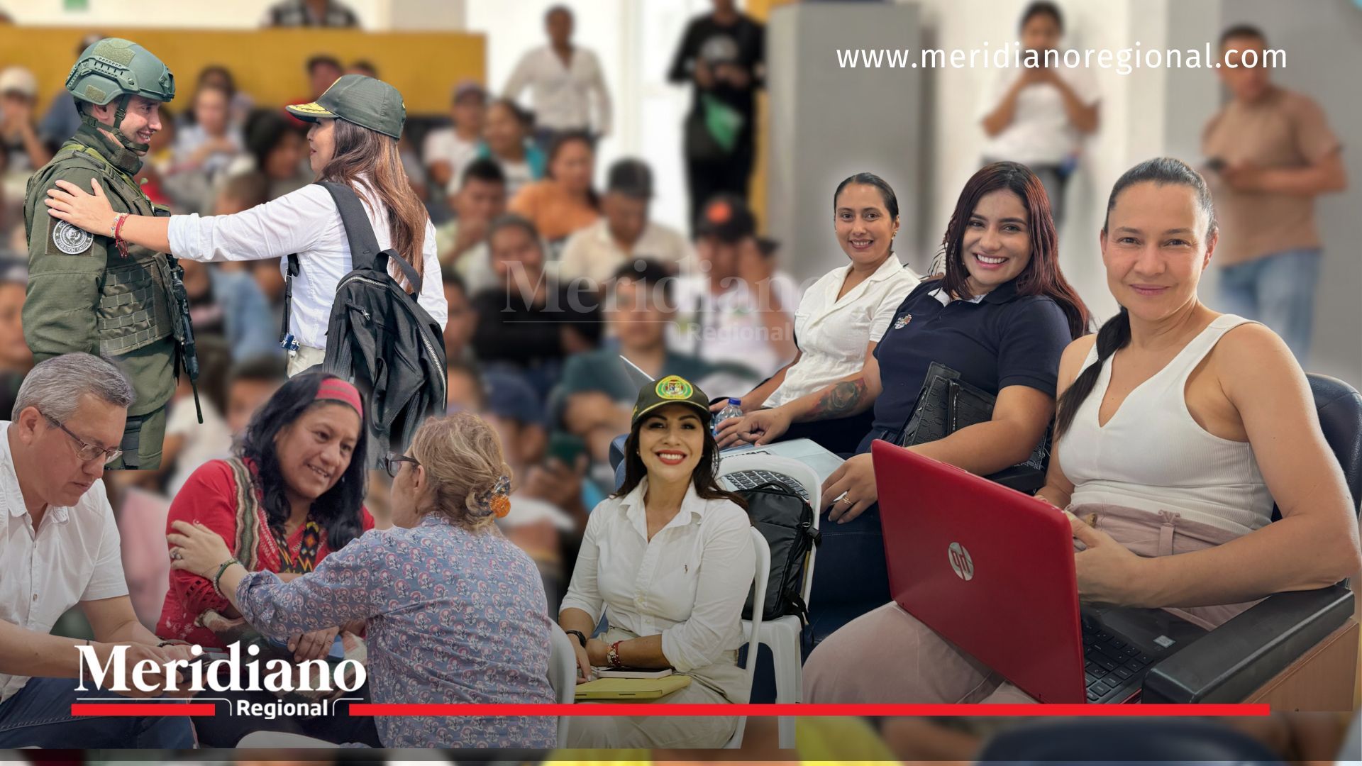 Montaje fotográfico que muestra momentos de la audiencia pública por la paz en Caloto, Cauca. En primer plano aparecen la secretaria de Gobierno del Cauca, Maribel Perafán, sonriendo mientras sostiene un cuaderno; la congresista Aída Quilcué abrazando a una mujer mayor; el representante Jorge Bastidas conversando con asistentes; y varias mujeres líderes comunitarias con computadores y mochilas. A la izquierda, una mujer se dirige afectuosamente a un militar uniformado. Al fondo, se observan asistentes de la comunidad en un salón cerrado.