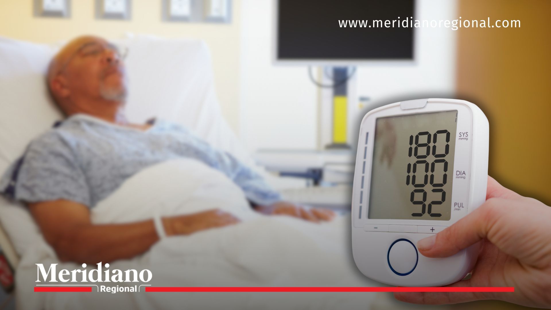 Un hombre adulto, de comunidad afro, permanece hospitalizado tras sufrir consecuencias graves por no controlar su presión arterial. El tensiómetro marca 180/105 mmHg. Foto: Meridiano Regional.