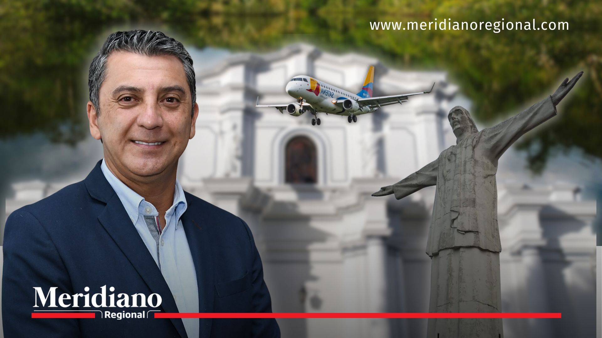 Alcalde Juan Carlos Muñoz con fondo de Popayán y avión de Satena, en anuncio sobre nuevas rutas aéreas para la ciudad. “Queremos visibilizar más a Popayán”, Edwin Muñoz.