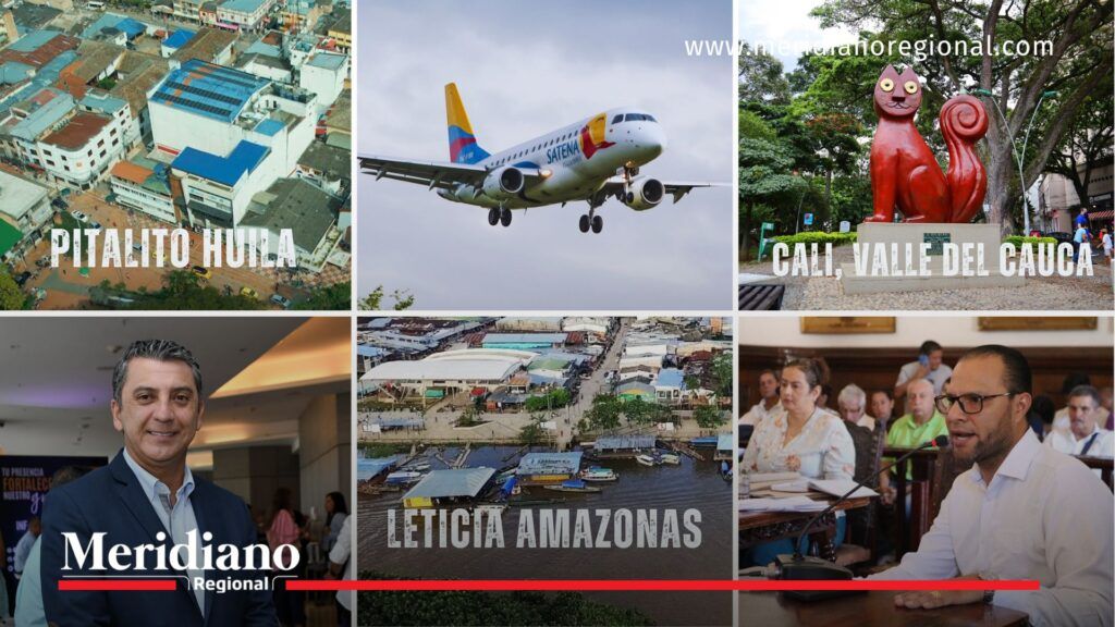 Montaje de ciudades y líderes que impulsan conexiones aéreas desde Popayán con Satena hacia Cali, Pitalito y Leticia.