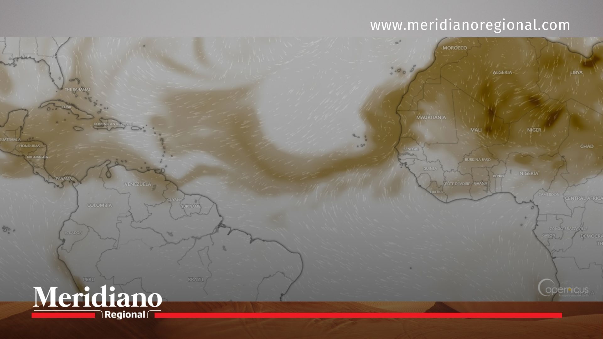 Mapa satelital muestra la trayectoria del polvo del Sahara desde África hasta el Caribe y el norte de Colombia, especialmente La Guajira.