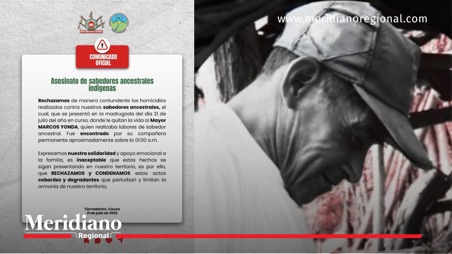 comunicado oficial por asesinato de Marcos Yonda en Páez, Cauca