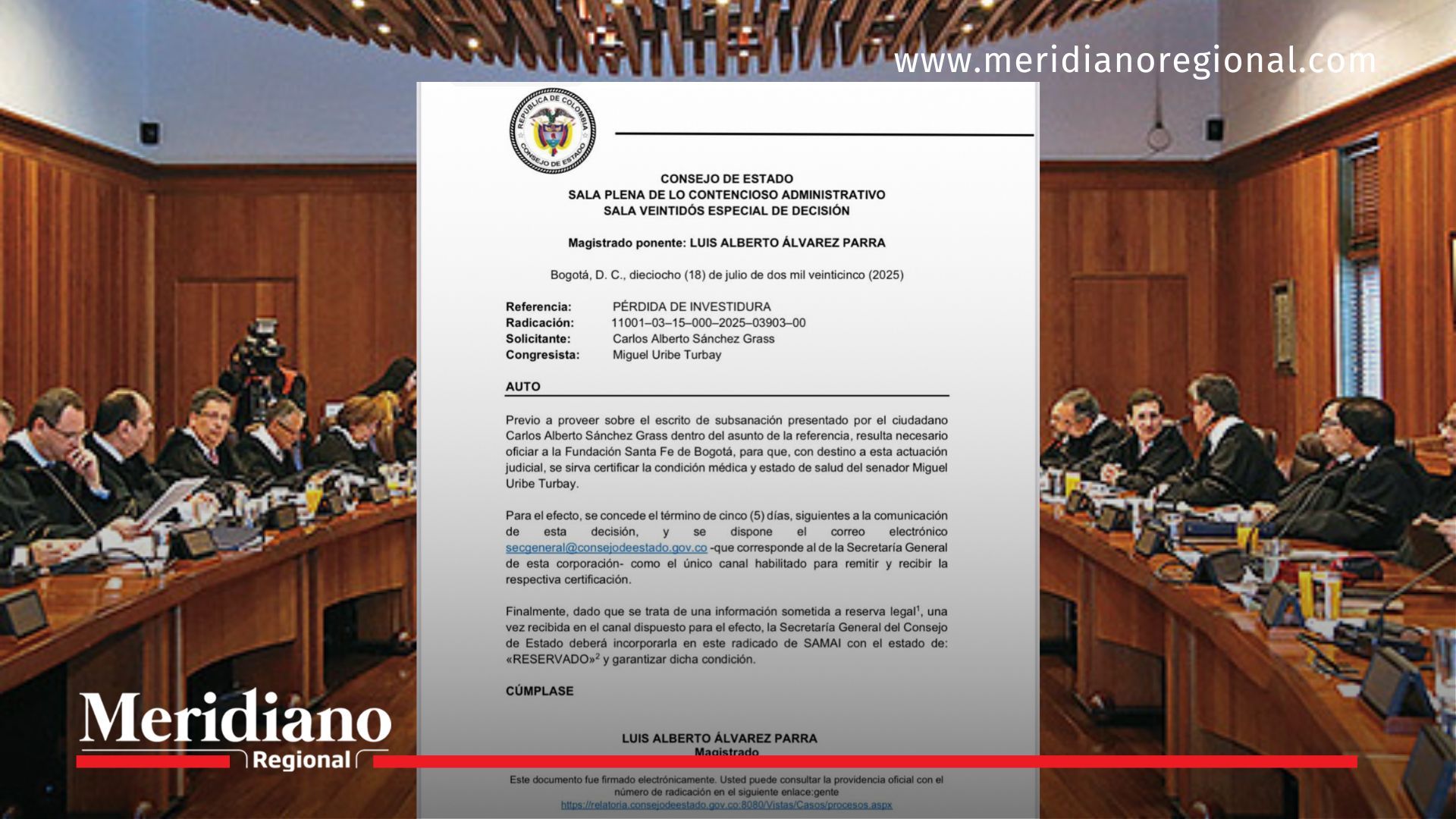 Auto del Consejo de Estado solicitando a la Fundación Santa Fe el estado clínico de Miguel Uribe Turbay, hospitalizado tras atentado.