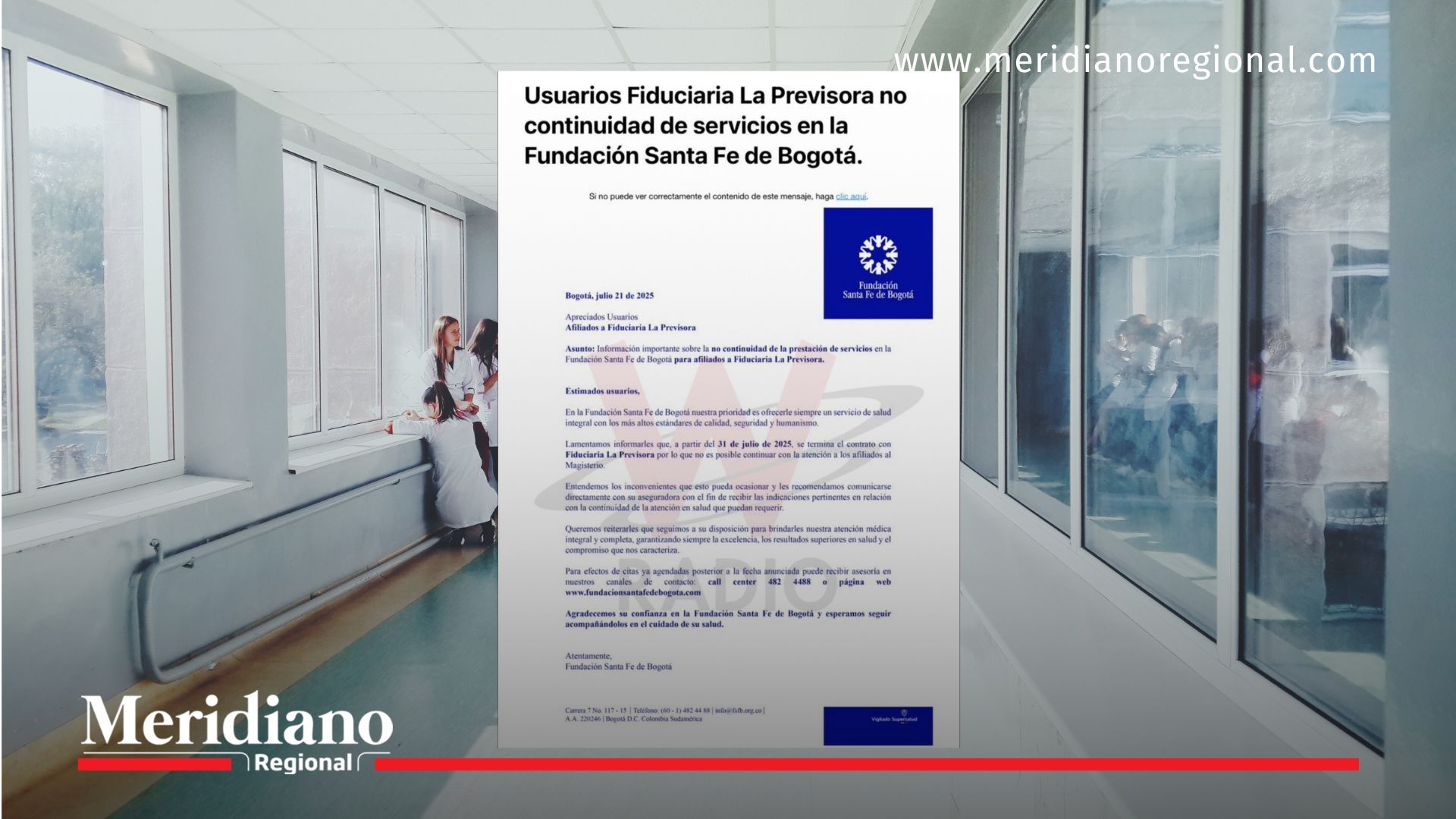 Comunicado oficial de la Fundación Santa Fe anunciando el fin del contrato con la Fiduprevisora para la atención de docentes del magisterio.