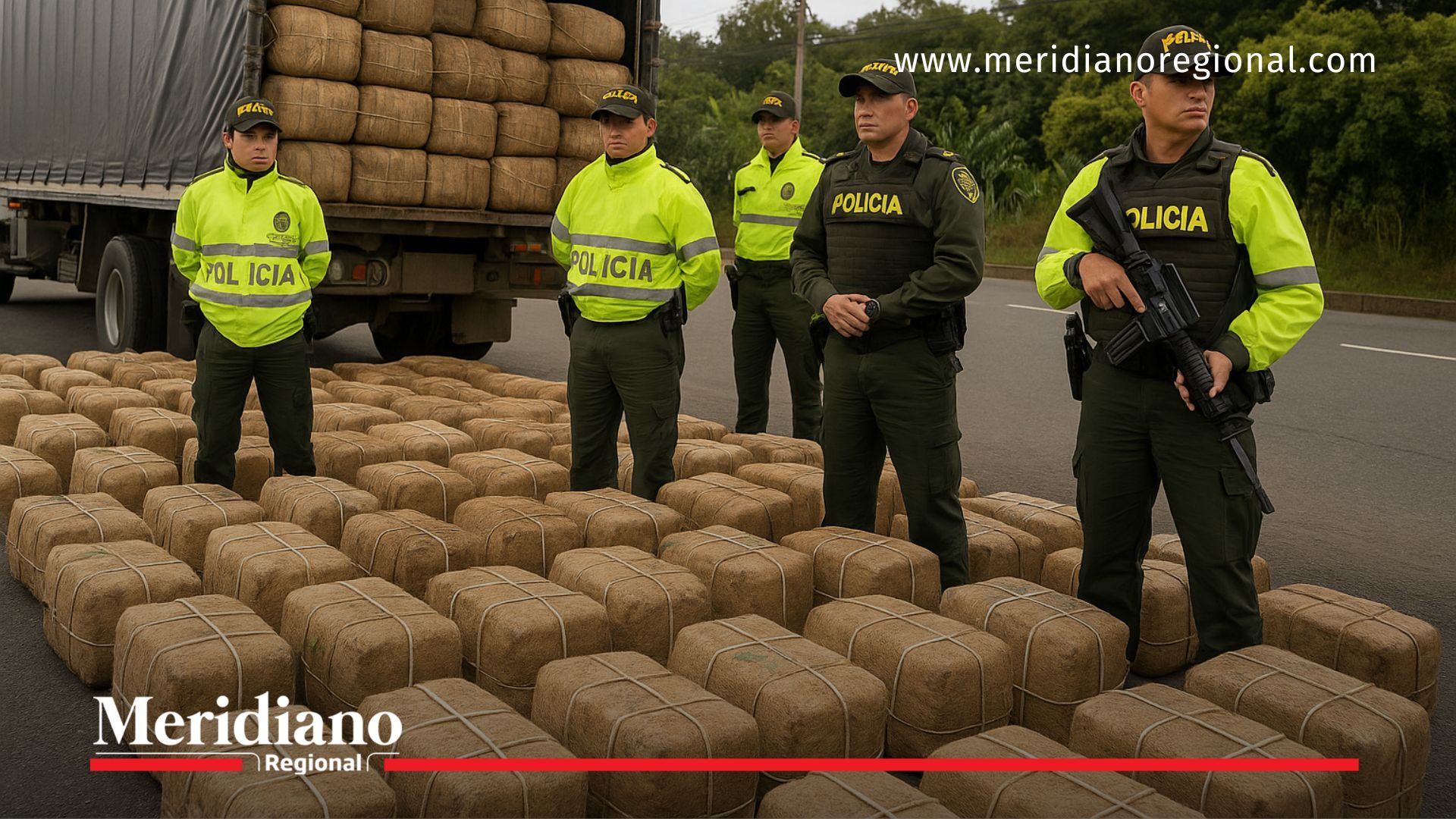 Policía Nacional junto a cargamento de marihuana incautado en Palmira proveniente del Cauca