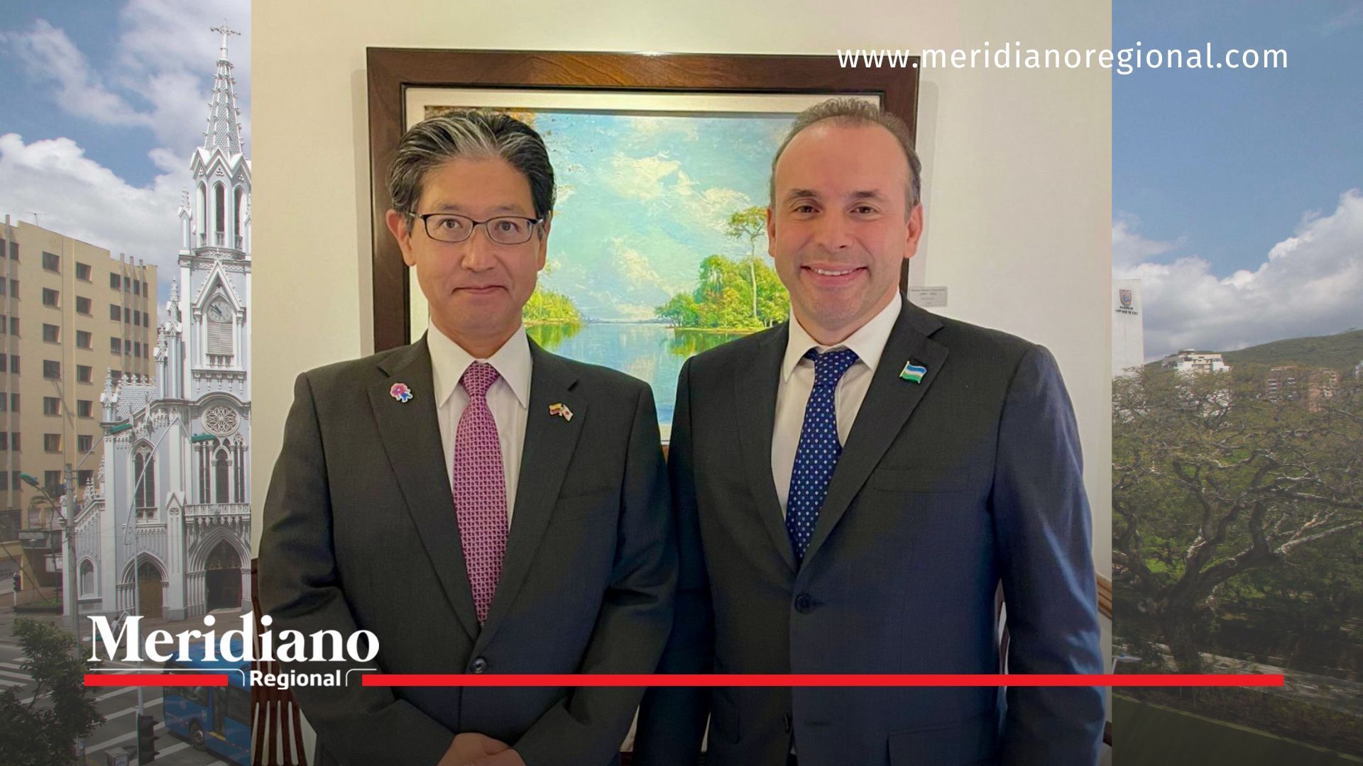 Alejandro Eder, alcalde de Cali, y el embajador de Japón en Colombia durante encuentro diplomático para impulsar el hermanamiento Cali Japón.