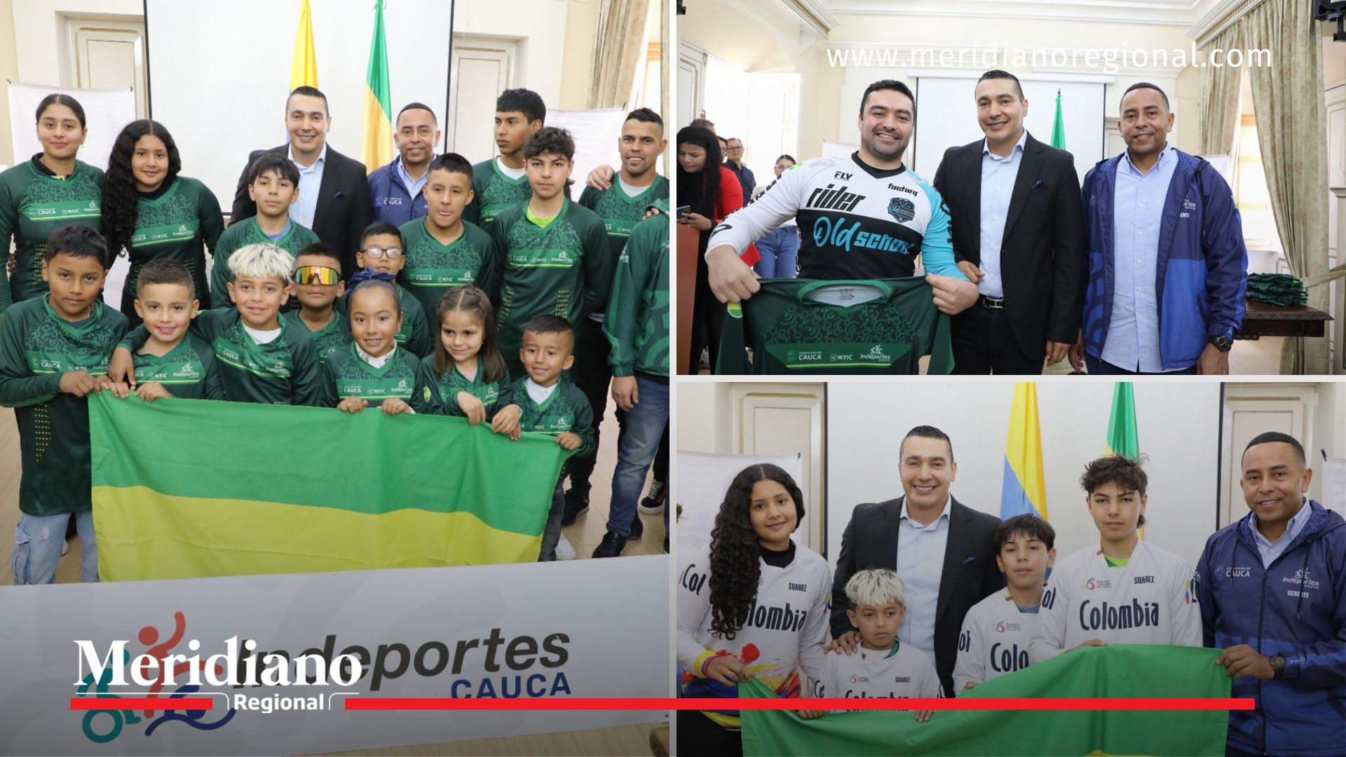 60 ciclistas caucanos recibieron la bandera del departamento y su implementación deportiva de manos del gobernador Octavio Guzmán y el gerente de Indeportes Cauca.