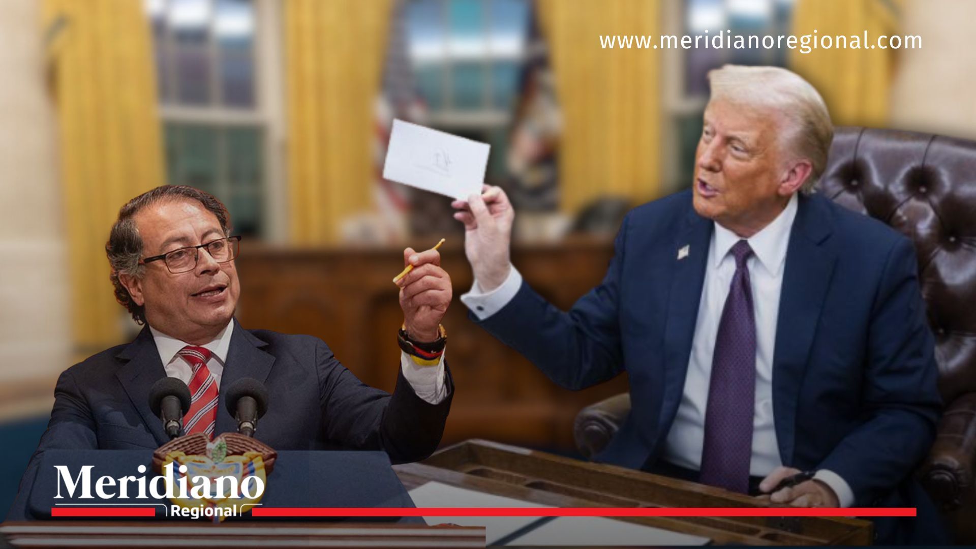 El presidente Gustavo Petro entrega simbólicamente la carta a Donald Trump en un gesto diplomático. Al fondo, el Despacho Oval de La Casa Blanca