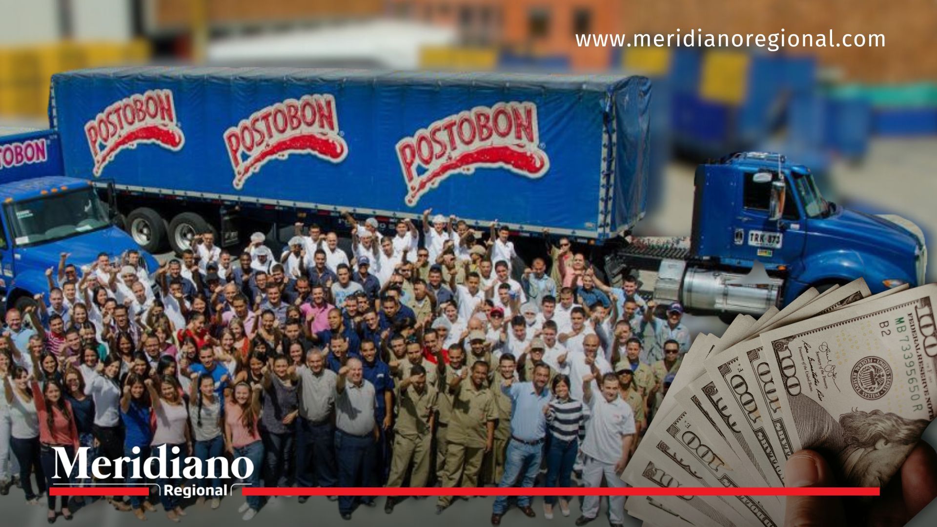 Empleados de Postobón frente a vehículos de distribución, en una imagen que simboliza el impacto humano y económico de la venta a CBC.