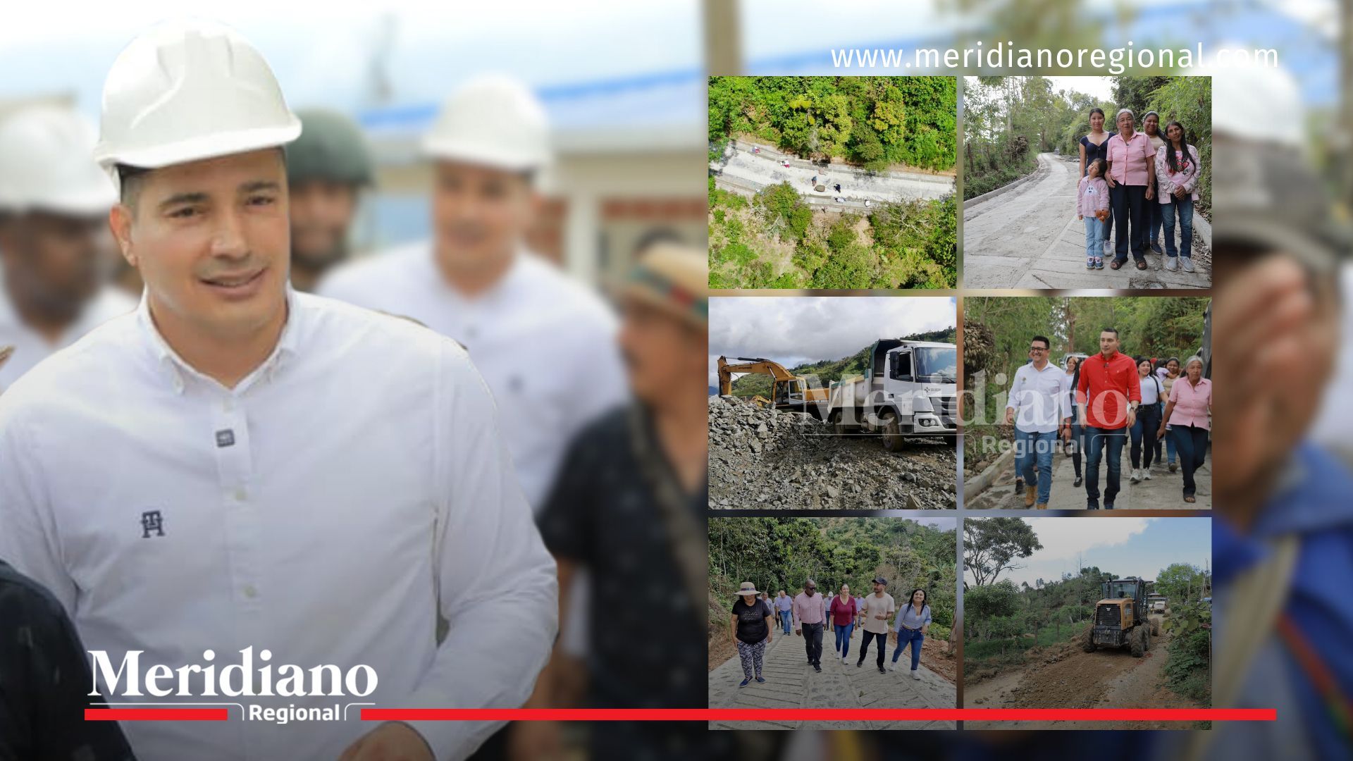 El gobernador Octavio Guzmán supervisa las obras de inversión vial en veredas de Popayán, acompañado de líderes comunitarios, maquinaria y población rural.