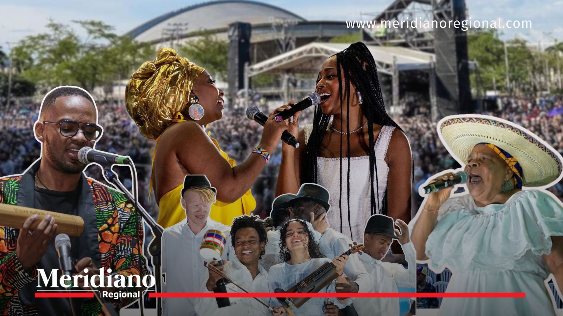 Montaje fotográfico que combina imágenes de artistas del Cauca como cantantes, músicos y agrupaciones tradicionales, sobre un fondo que muestra la multitud y el escenario principal del Festival Petronio Álvarez 2025, en la celebración del Día del Cauca.
