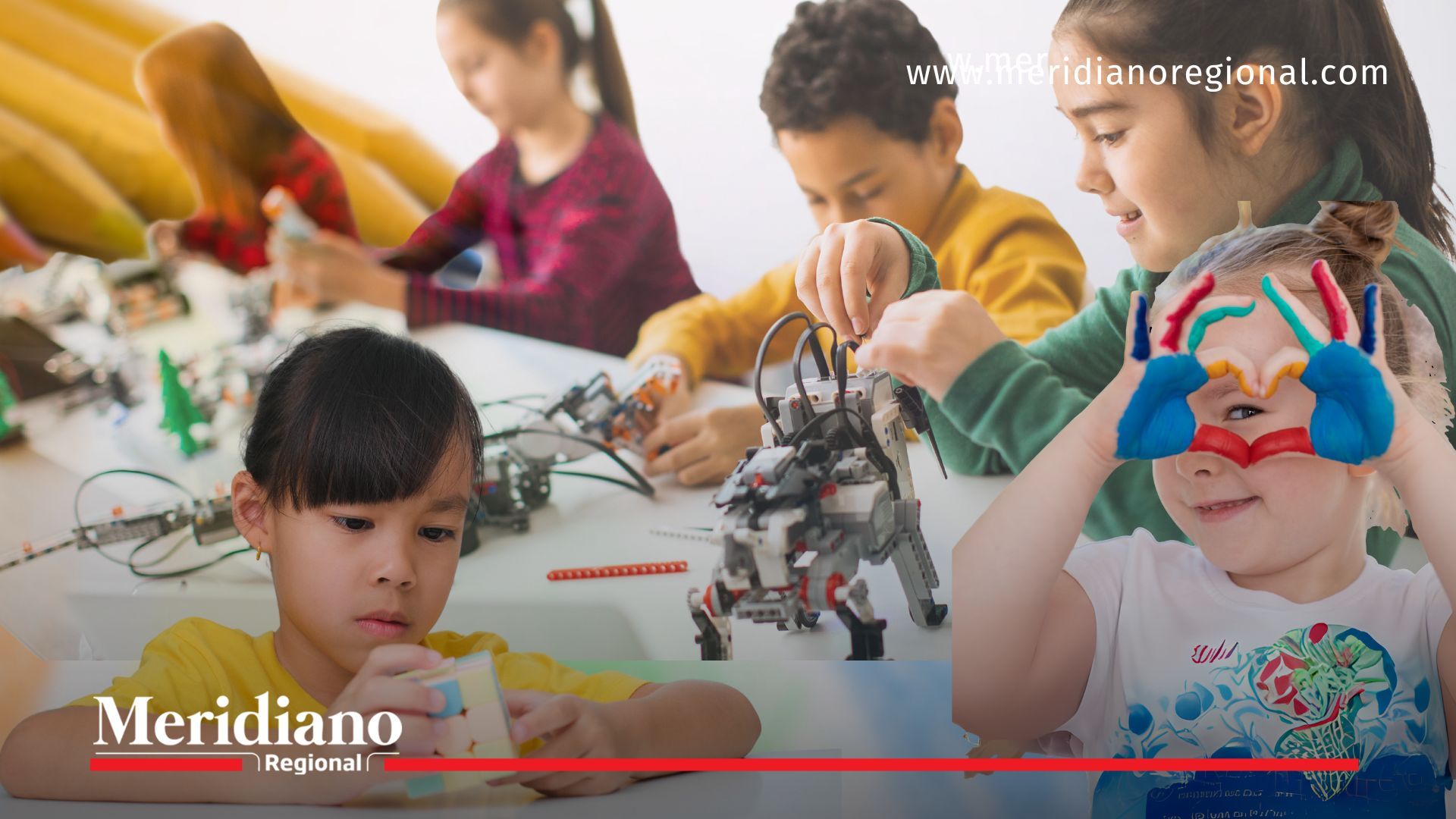 La imagen muestra a varios niños y niñas en un aula, desarrollando actividades prácticas relacionadas con la robótica, la construcción de modelos y el arte manual. Algunos trabajan con kits de robótica educativa, mientras que otros expresan su creatividad a través de pintura en las manos. La escena refleja un ambiente dinámico y colaborativo, orientado a potenciar las habilidades tecnológicas y artísticas.