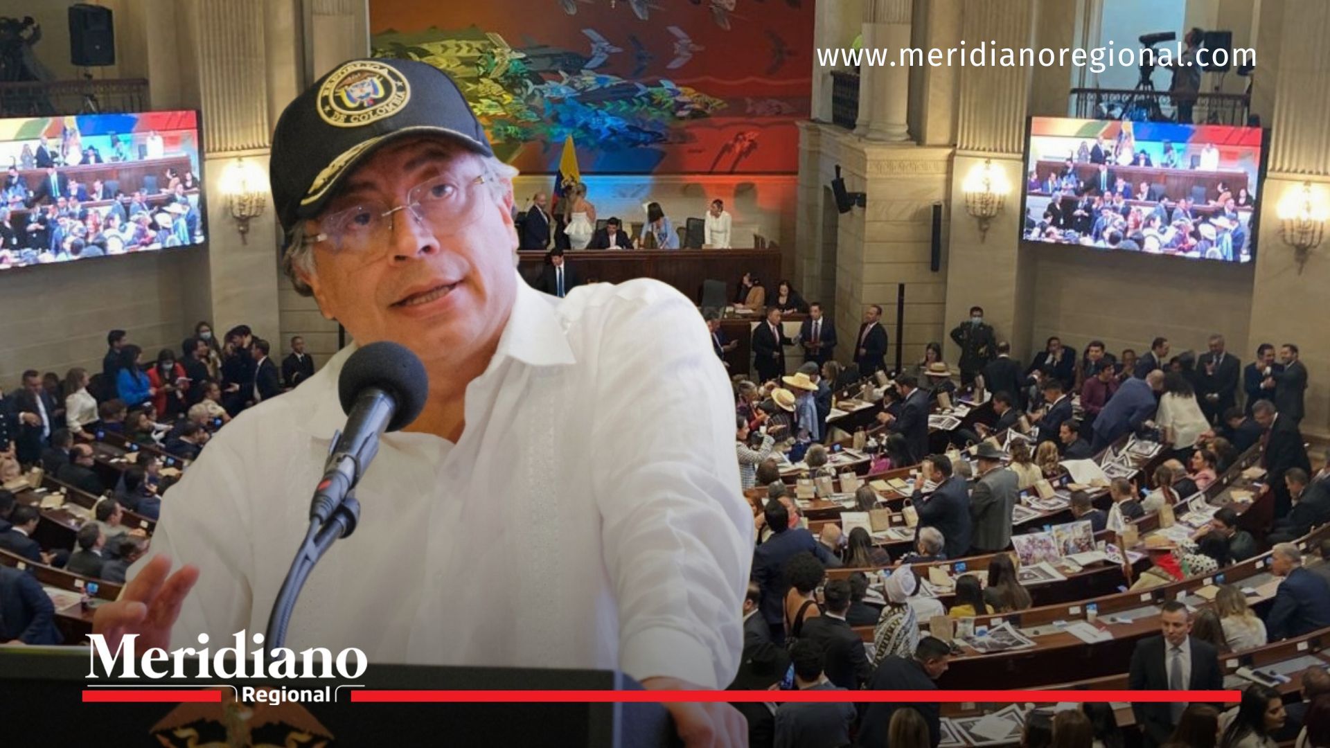 Imagen compuesta de Gustavo Petro junto al Congreso de la República, en el marco de la propuesta de convocar una Asamblea Constituyente en Colombia.