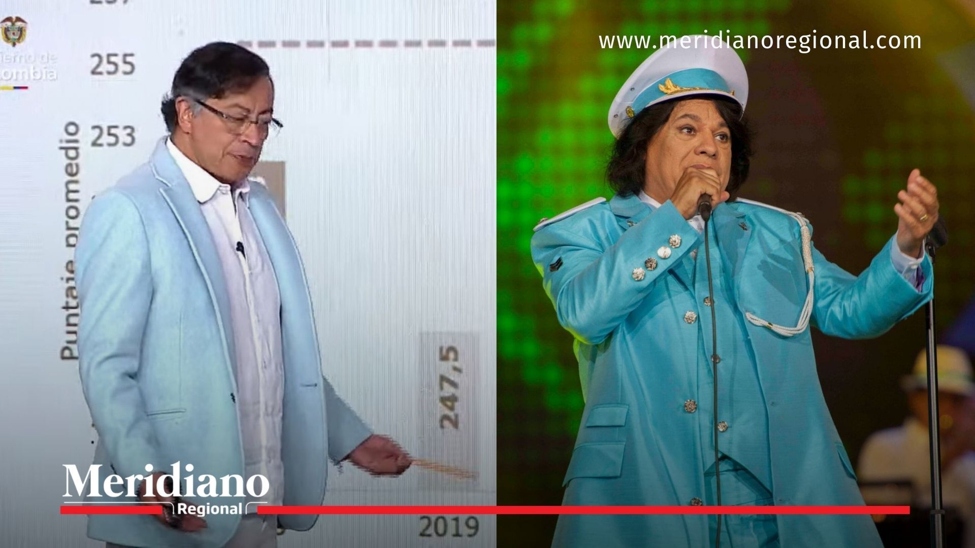 Petro con bléiser azul comparado con Juan Gabriel en alocución presidencial.