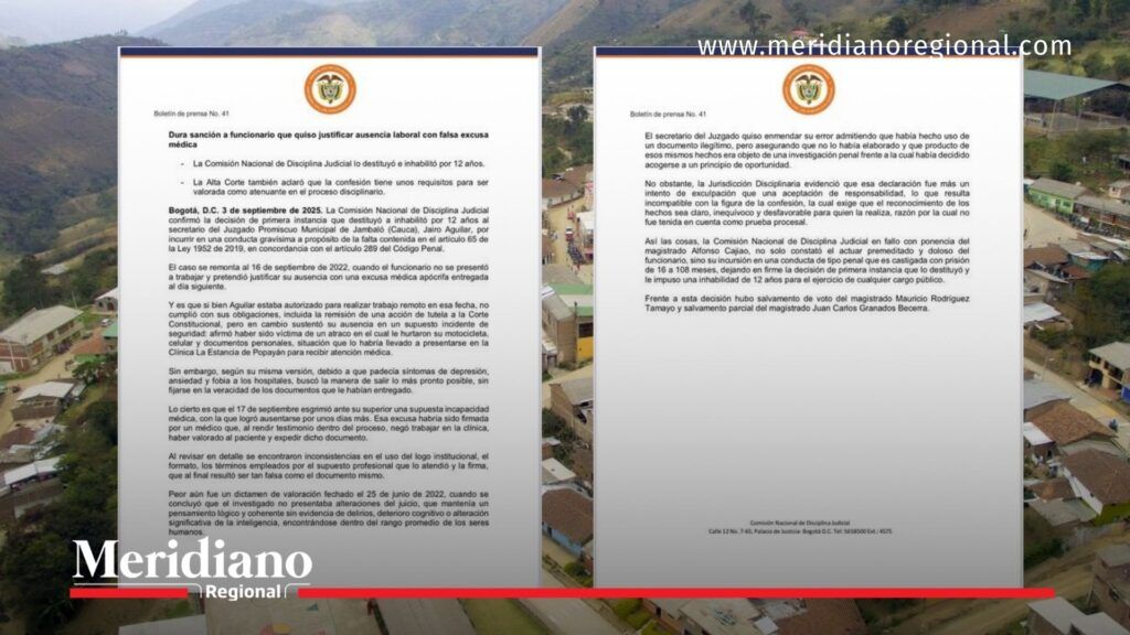 secretario judicial destituido - documento sanción Comisión Nacional de Disciplina Judicial - Jambaló Cauca