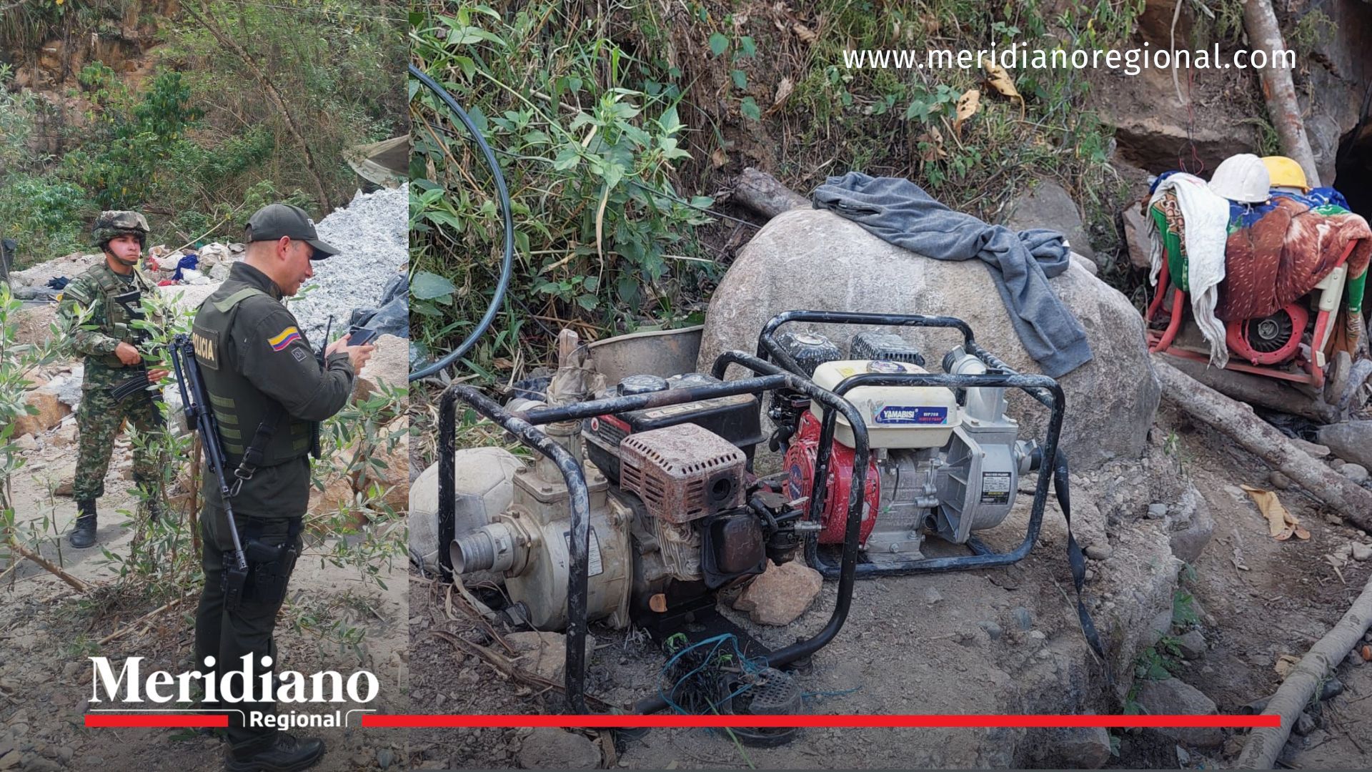 Autoridades inspeccionan e incautan elementos empleados en la explotación ilícita de oro en Consacá, Nariño.