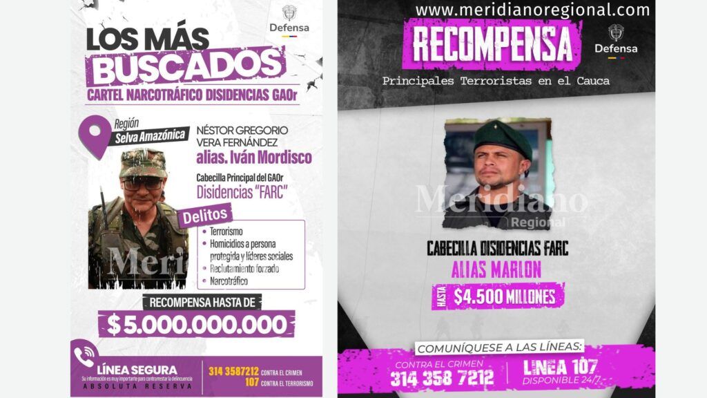 Carteles de recompensa por alias Mordisco y alias Marlon - Meridiano Regional alias Mordisco - alias Marlon - Mindefensa Cauca - recompensas disidencias - violencia Cauca - narcotráfico Cauca - noticias Cauca