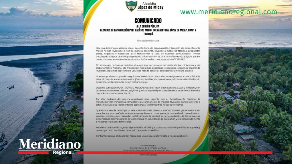 Comunicado de los alcaldes del Pacífico Medio que reclaman inversión al Gobierno Nacional.