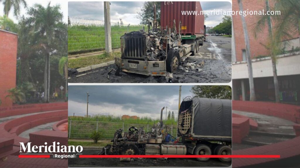 Tractocamiones incendiados en disturbios por encapuchados Cali - Meridiano Regional noticias Cali - encapuchados Cali - tractocamiones incendiados - Universidad del Valle disturbios - terrorismo Cali
