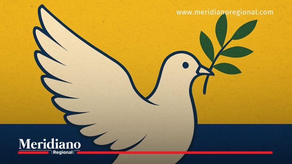 Paloma blanca de la paz sobre la bandera de Colombia, símbolo de la paz inconclusa, acuerdos incumplidos y la búsqueda de reconciliación en el país.