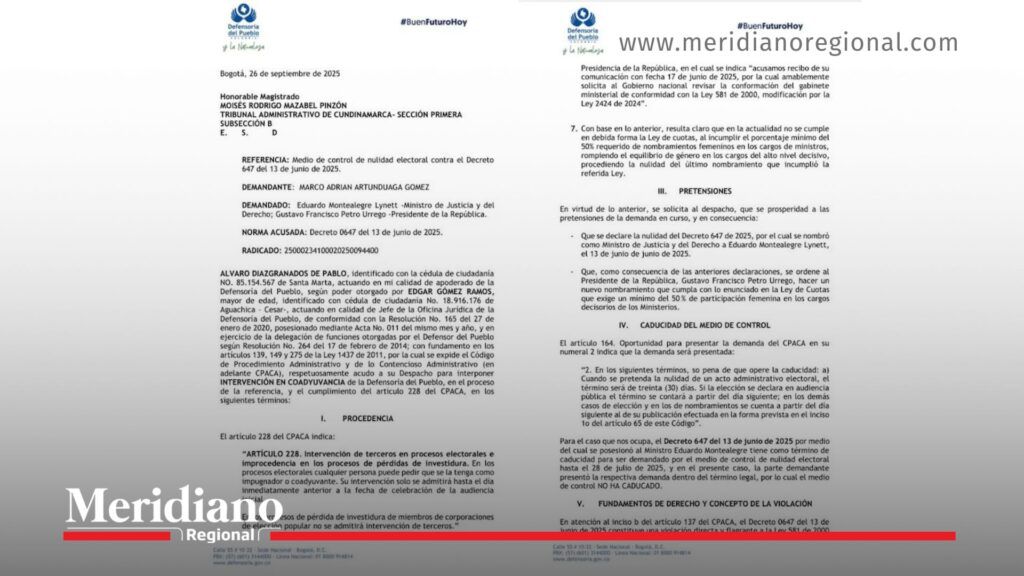 Documento oficial de la Defensoría sobre Ley de Paridad - Meridiano Regional documento oficial defensoría del pueblo - ley de paridad - demanda contra eduardo montealegre - tribunal administrativo de cundinamarca