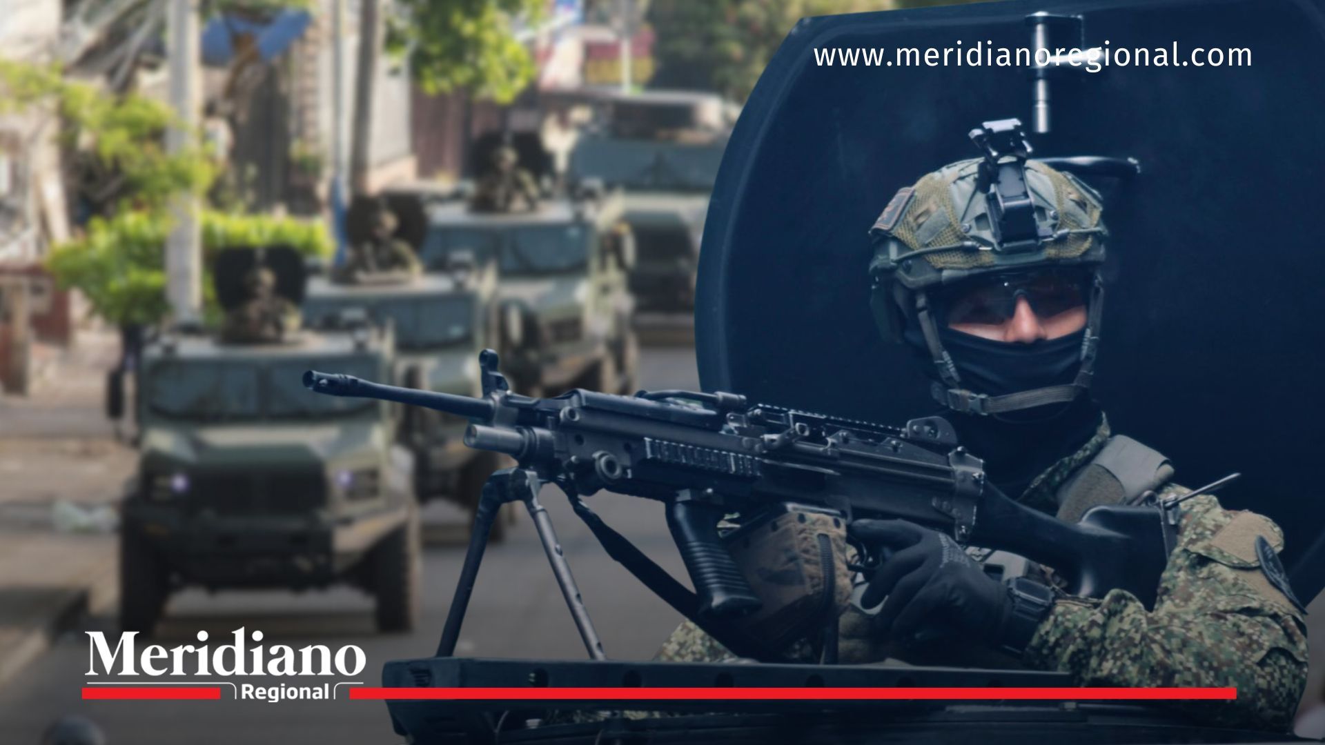 “Soldado del Ejército de Colombia con ametralladora en vehículo blindado Hunter TR-12 durante patrullaje en Cali, como parte de la estrategia Cali Segura para reforzar la seguridad en corredores críticos del Valle del Cauca.”