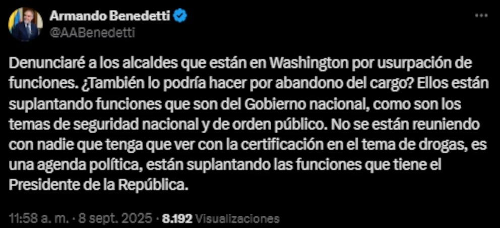 benedetti denunciará a alcaldes - viaje a washington - alcaldes en estados unidos - federico gutiérrez - alejandro éder - alejandro char - controversia política colombia - noticias colombia