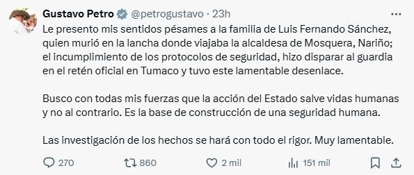 Gustavo Petro sobre confuso ataque de la Armada - Meridiano Regional noticias Nariño - confuso ataque de la Armada - alcaldesa de Mosquera - Luis Fernando Sánchez - Pacífico nariñense - Armada Nacional