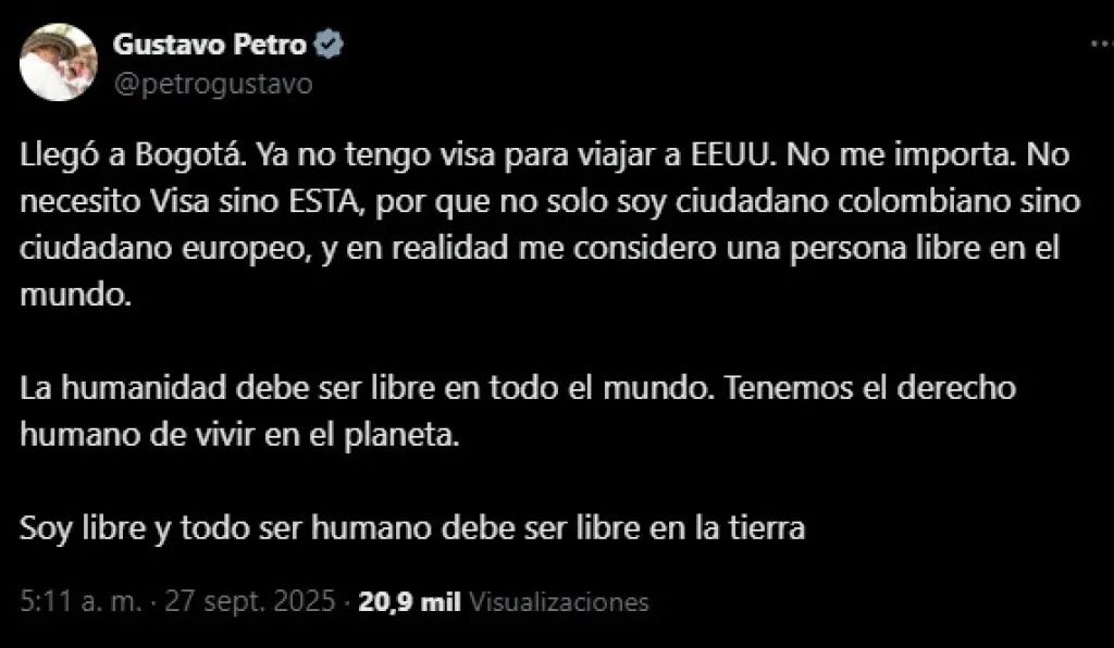 mensaje de X de Gustavo Petro sobre revocatoria de visa a Petro - Gustavo Petro Estados Unidos - choque diplomático Colombia EE.UU. - inmunidad presidencial ONU